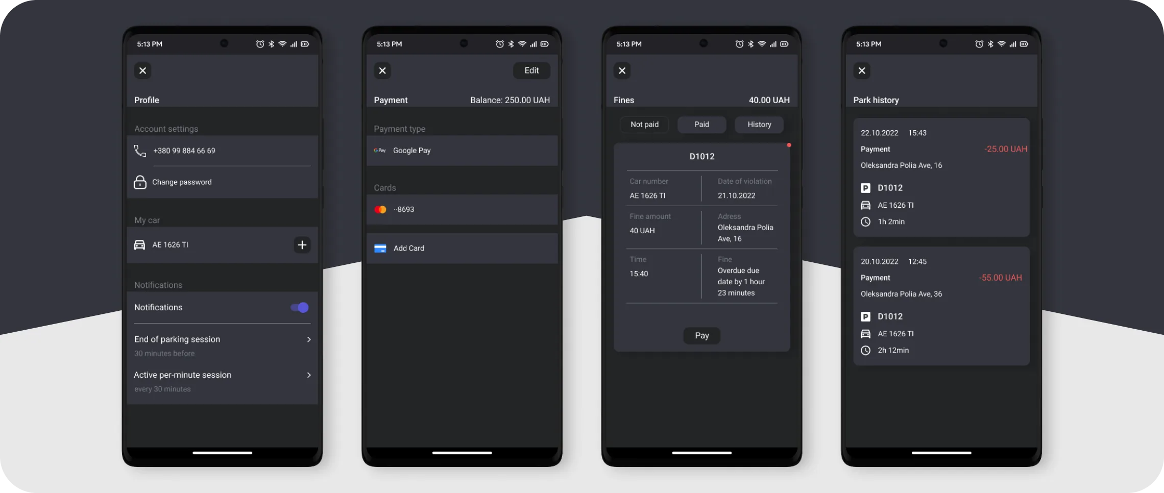 Parkly App History & Details Screens
