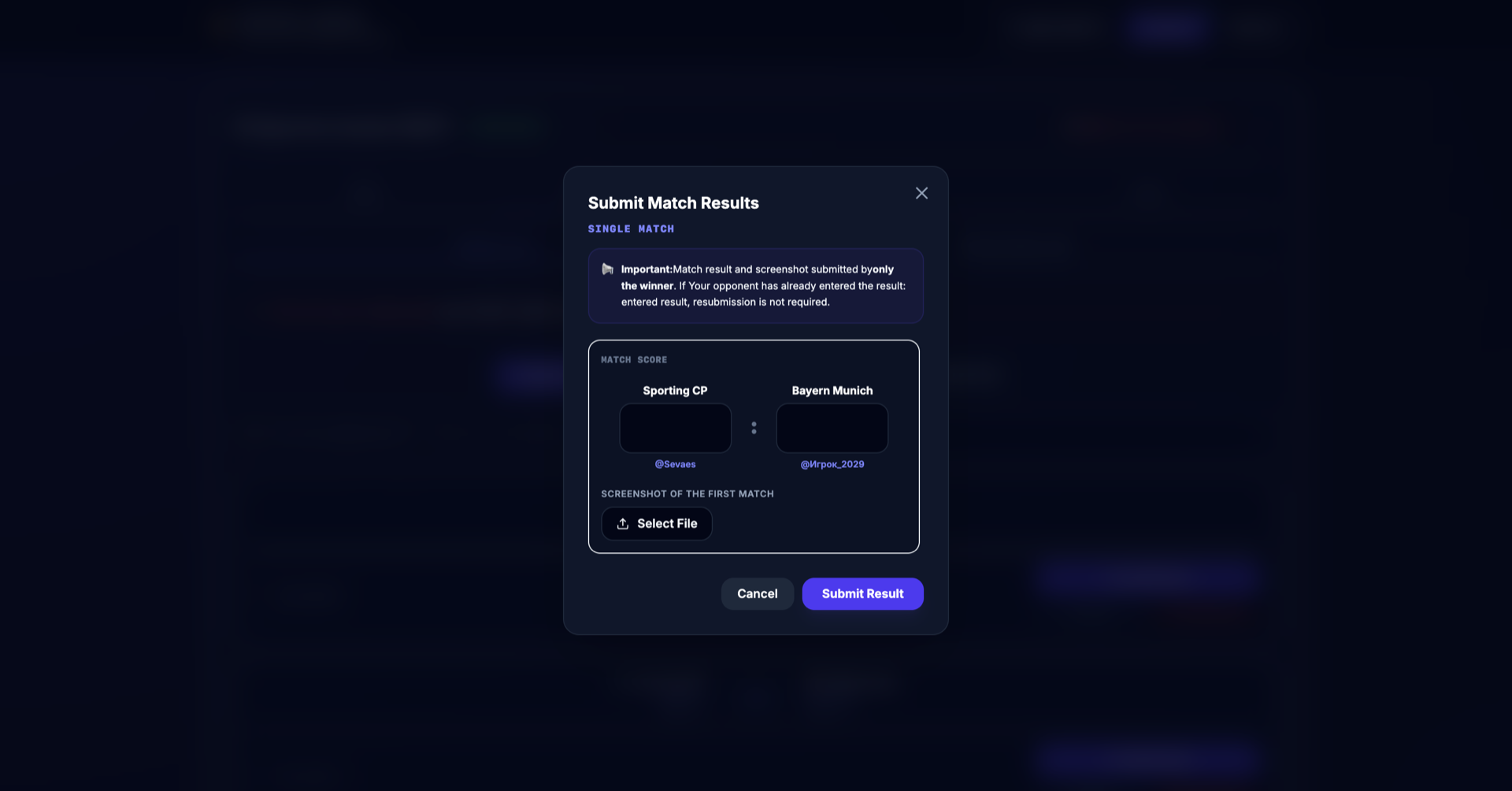 Match score submission modal with aggregate score validation